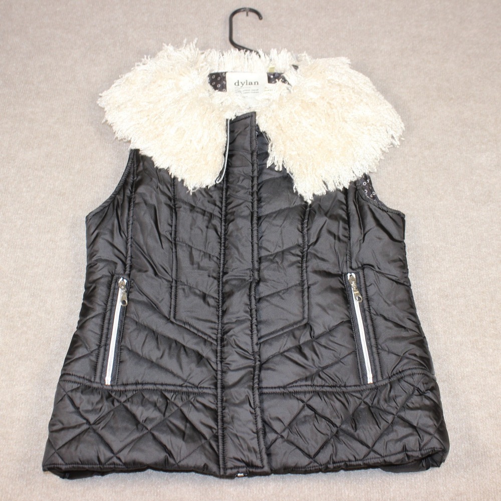 Dylan by True Grit Womens Black Quilted Puffer Vest Faux Fur Collar Size M